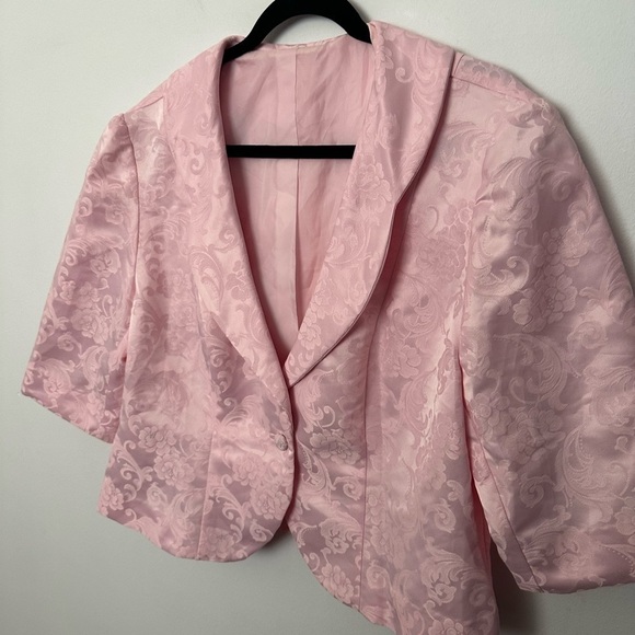 Vintage Pink Blazer Cropped Shiny Floral Barbie Pink Blazer Shrug Audrey Hepburn - Picture 14 of 15